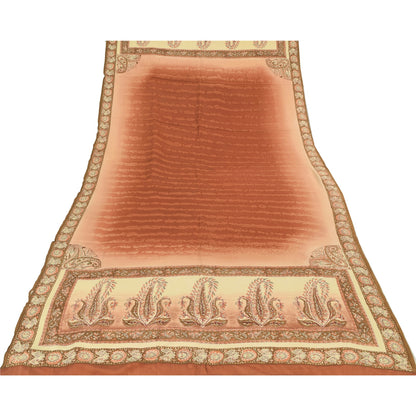 Sanskriti Vintage Long Dupatta/Stole Pure Crepe Silk Orange Printed Scarf Veil