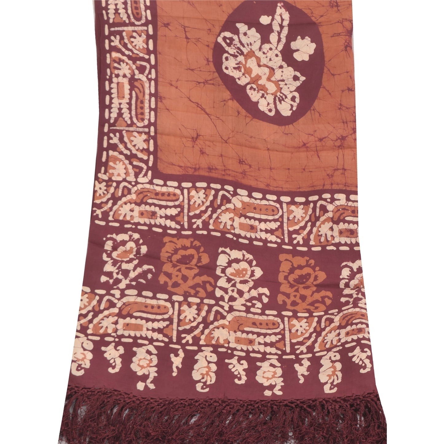 Sanskriti Vintage Brown Dupatta Long Stole Pure Silk Printed Batik Premium Veil