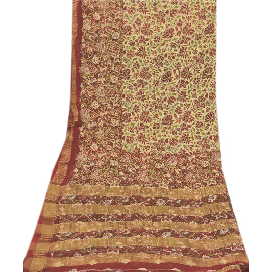 Sanskriti Vintage Brown Dupatta Long Stole Pure Georgette Kantha Printed Scarves