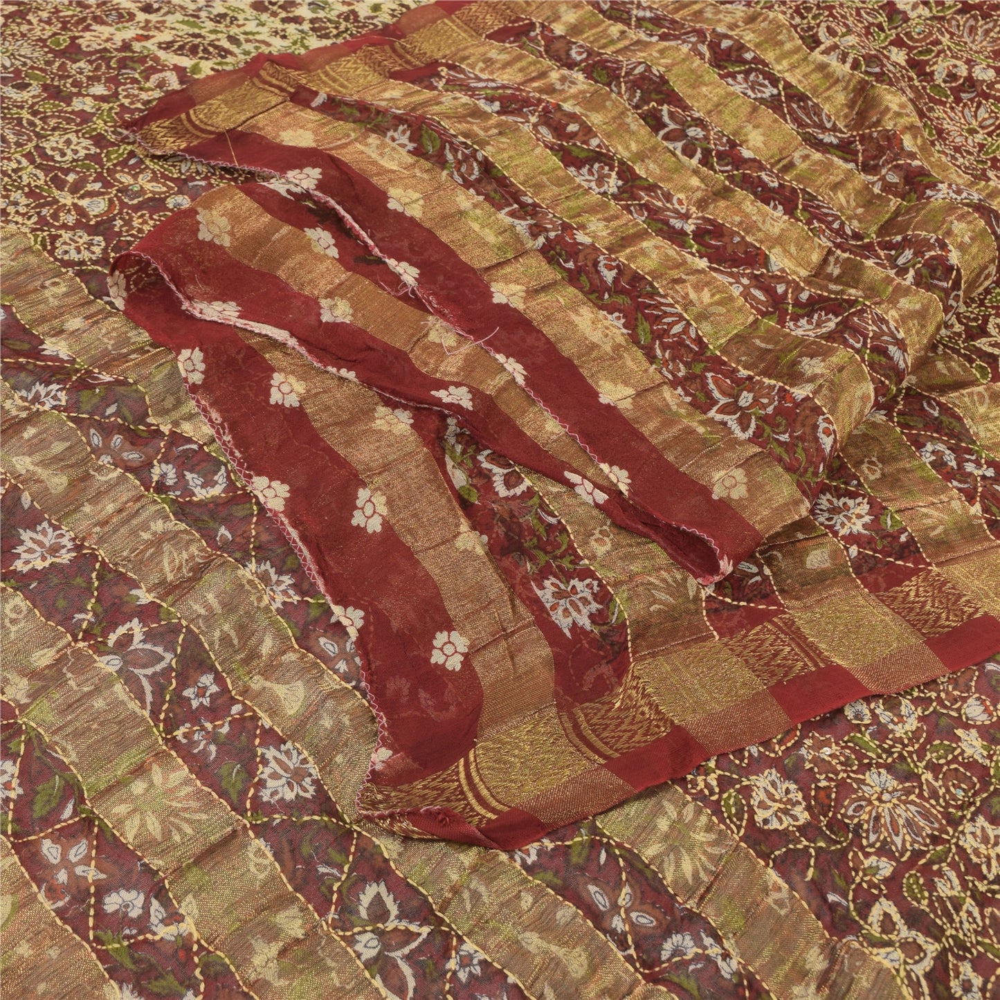 Sanskriti Vintage Brown Dupatta Long Stole Pure Georgette Kantha Printed Scarves