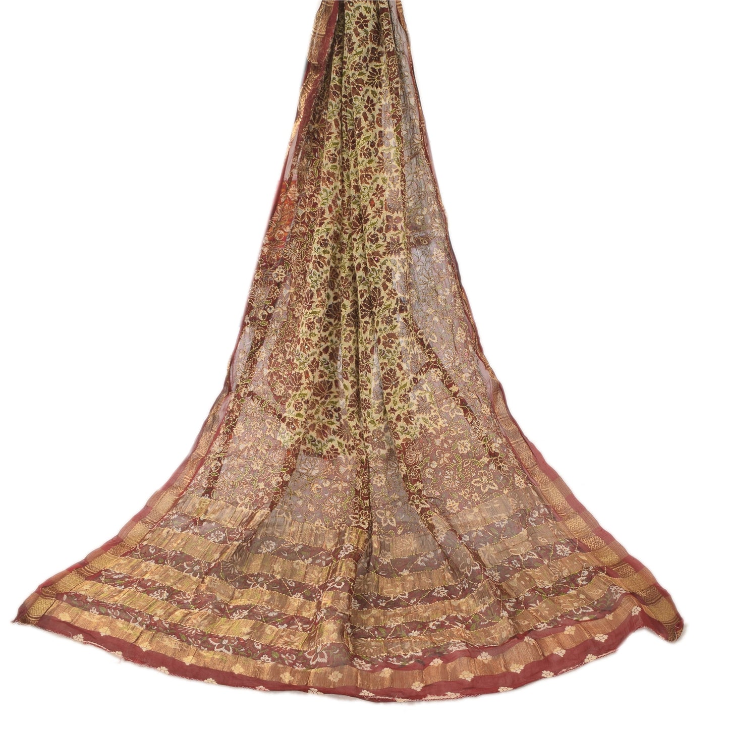 Sanskriti Vintage Brown Dupatta Long Stole Pure Georgette Kantha Printed Scarves