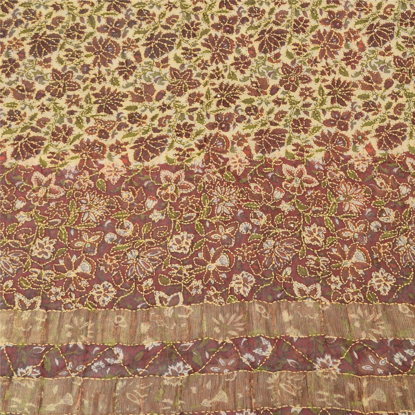 Sanskriti Vintage Brown Dupatta Long Stole Pure Georgette Kantha Printed Scarves