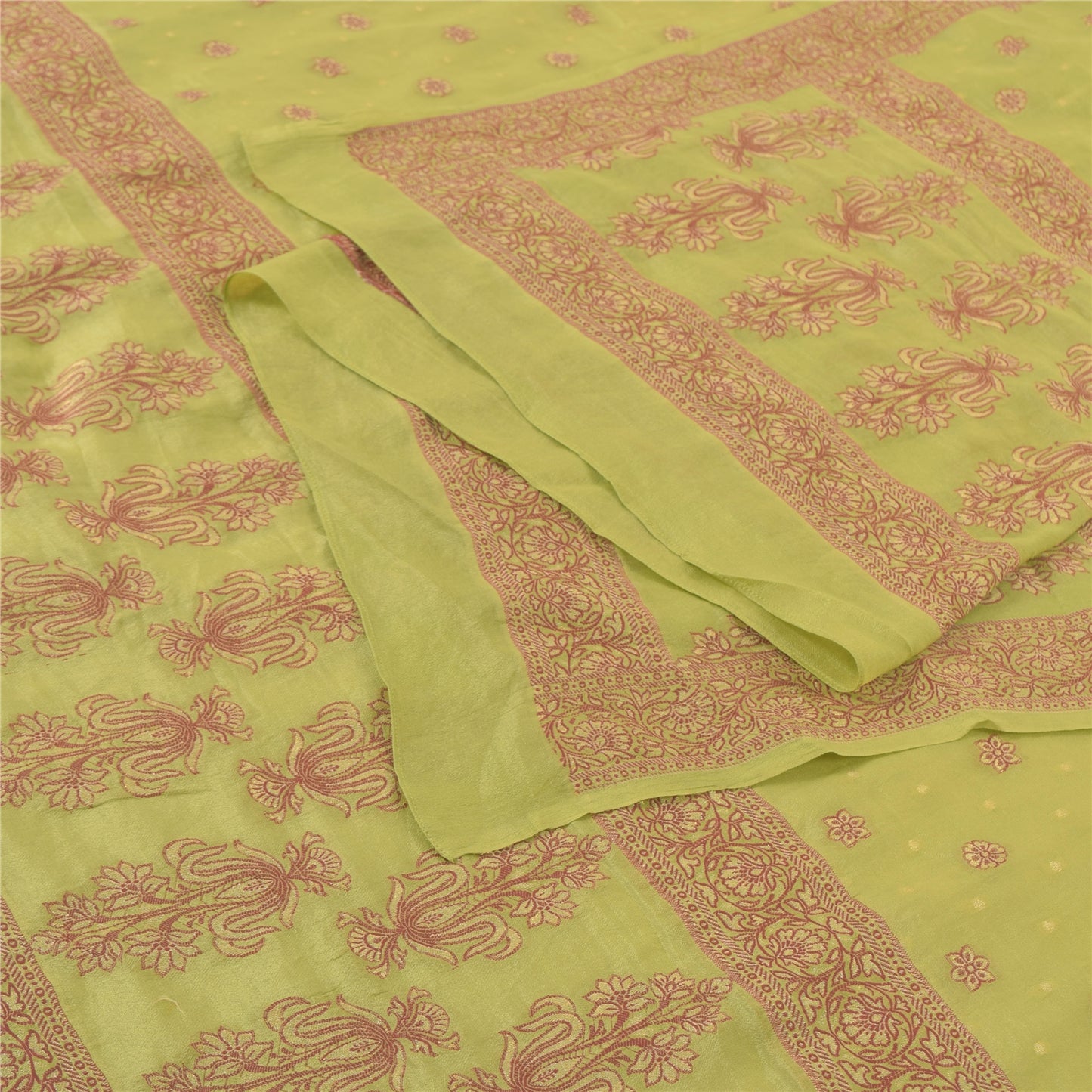 Sanskriti Vintage Long Dupatta/Stole Pure Silk Green Woven Work Scarf Veil