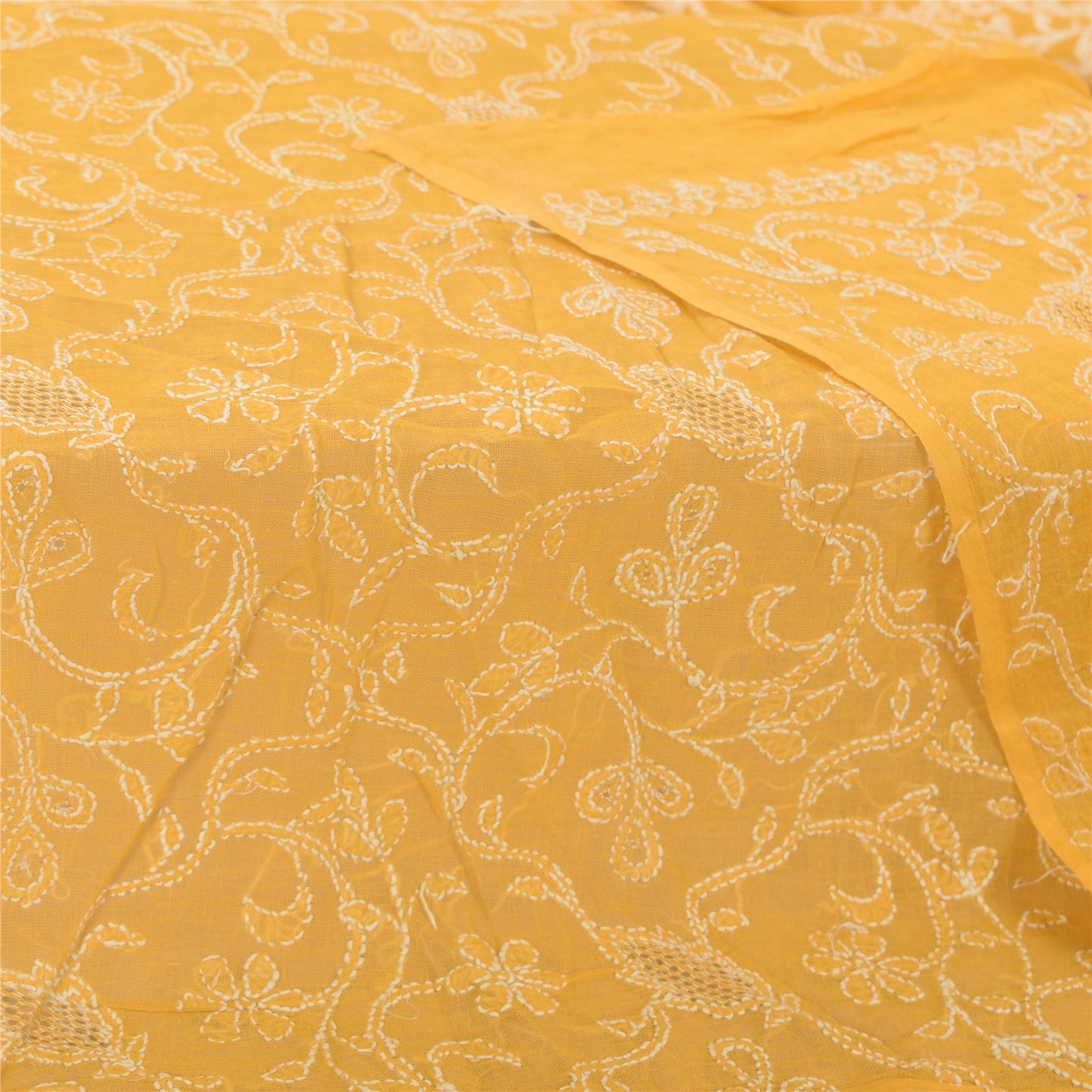 Sanskriti Vintage Long Dupatta/Stole Pure Cotton Yellow Hand Embroidered Kantha