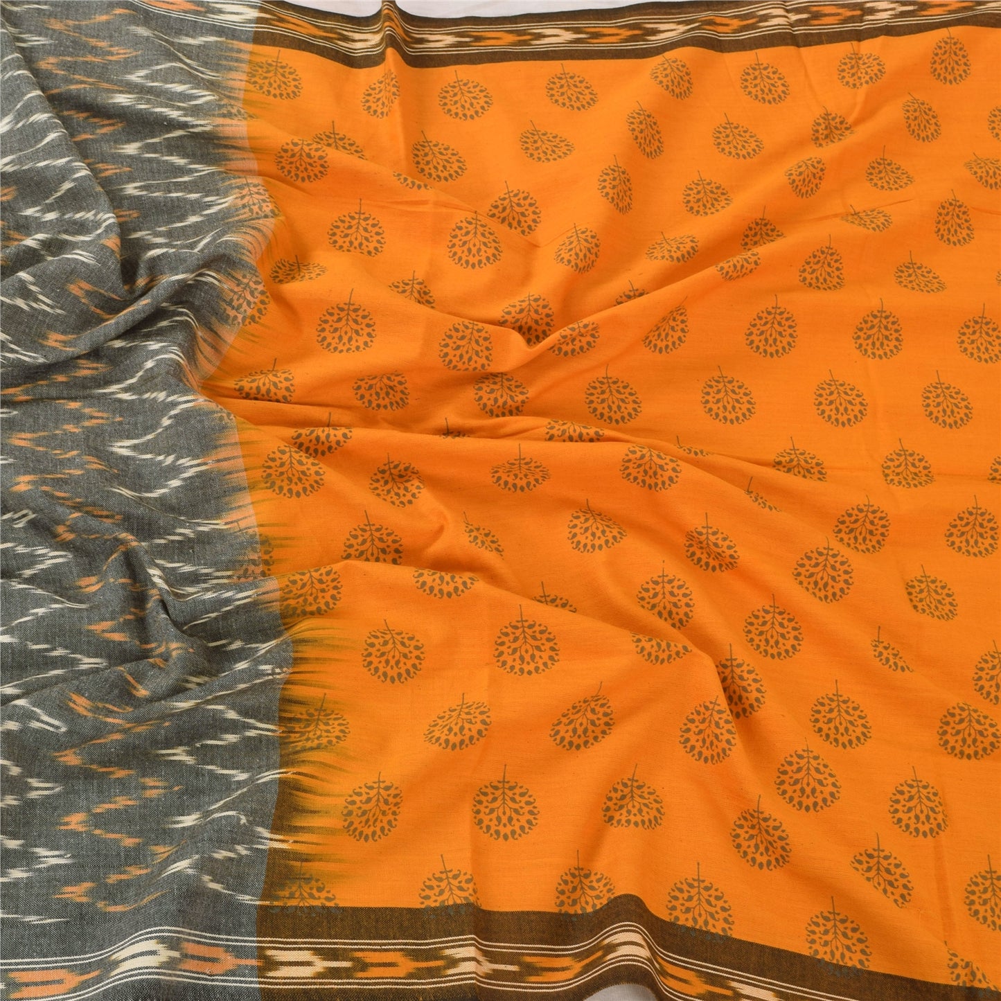 Sanskriti Vintage Gray/Yellow Dupatta Long Stole Pure Cotton Printed Wrap Hijab