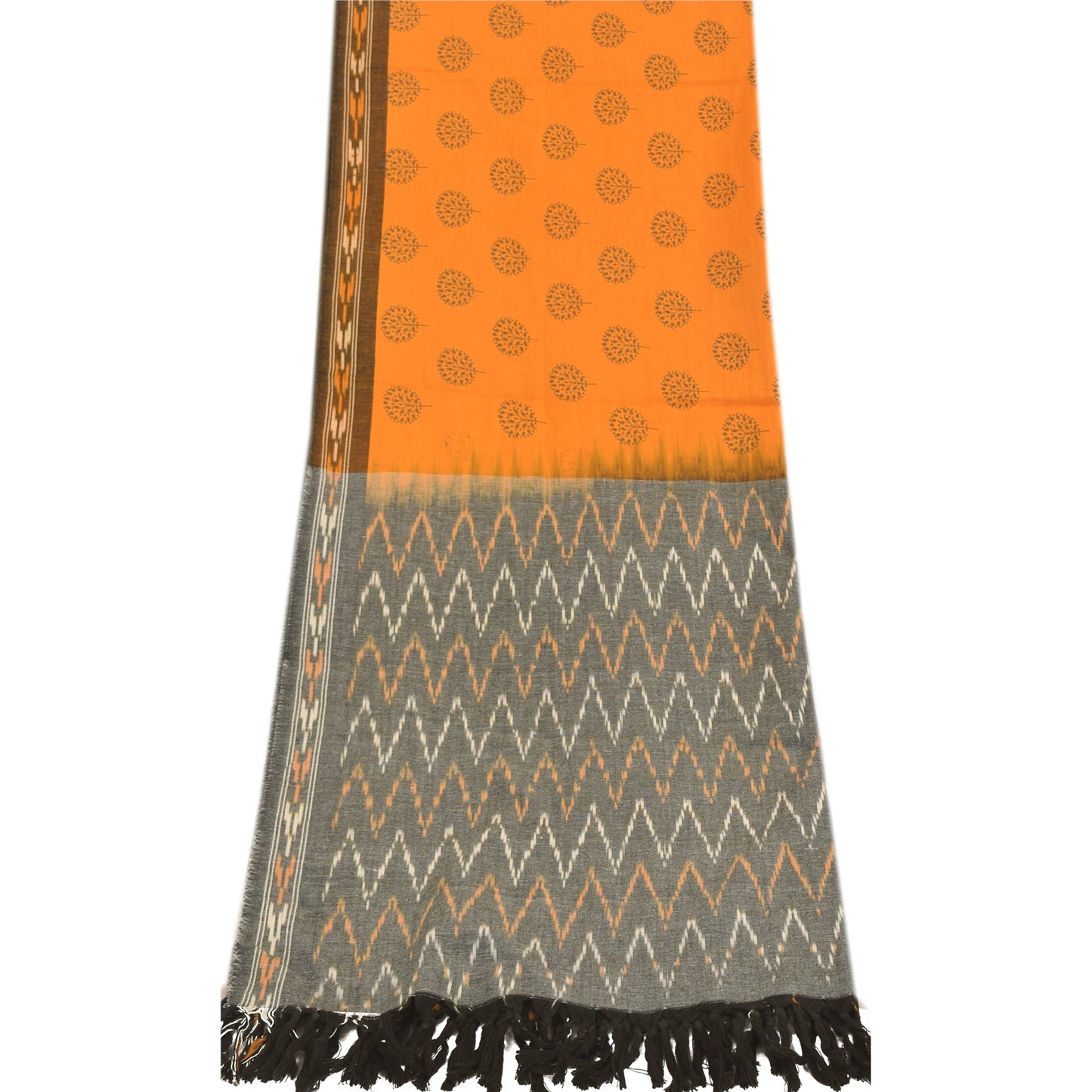 Sanskriti Vintage Gray/Yellow Dupatta Long Stole Pure Cotton Printed Wrap Hijab