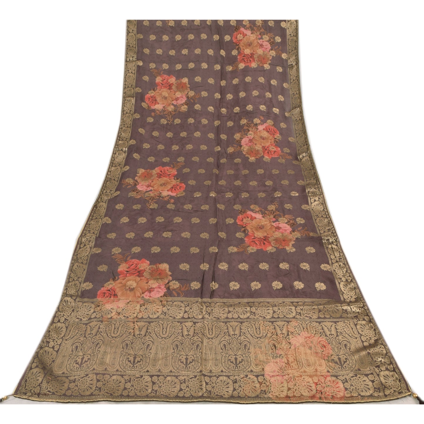 Sanskriti Vintage Brown Dupatta Long Stole Pure Silk Woven Printed Wrap Scarves