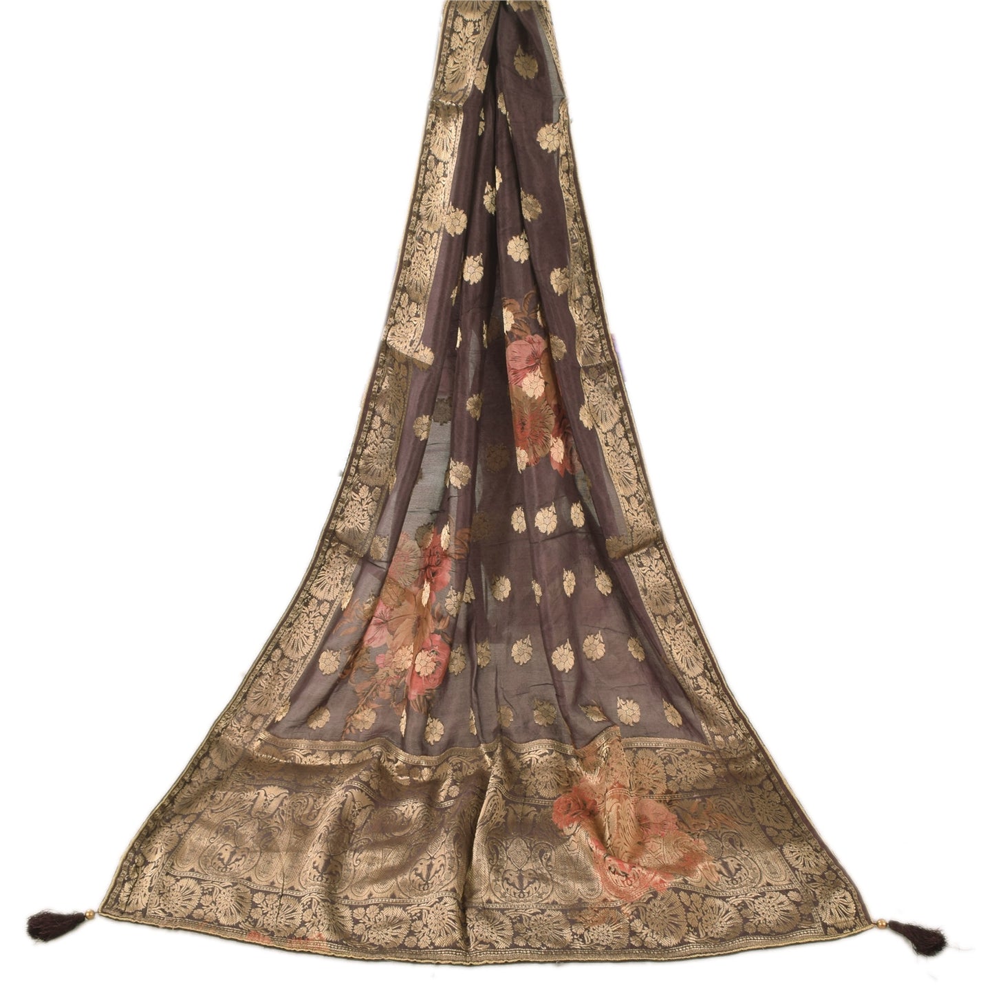 Sanskriti Vintage Brown Dupatta Long Stole Pure Silk Woven Printed Wrap Scarves