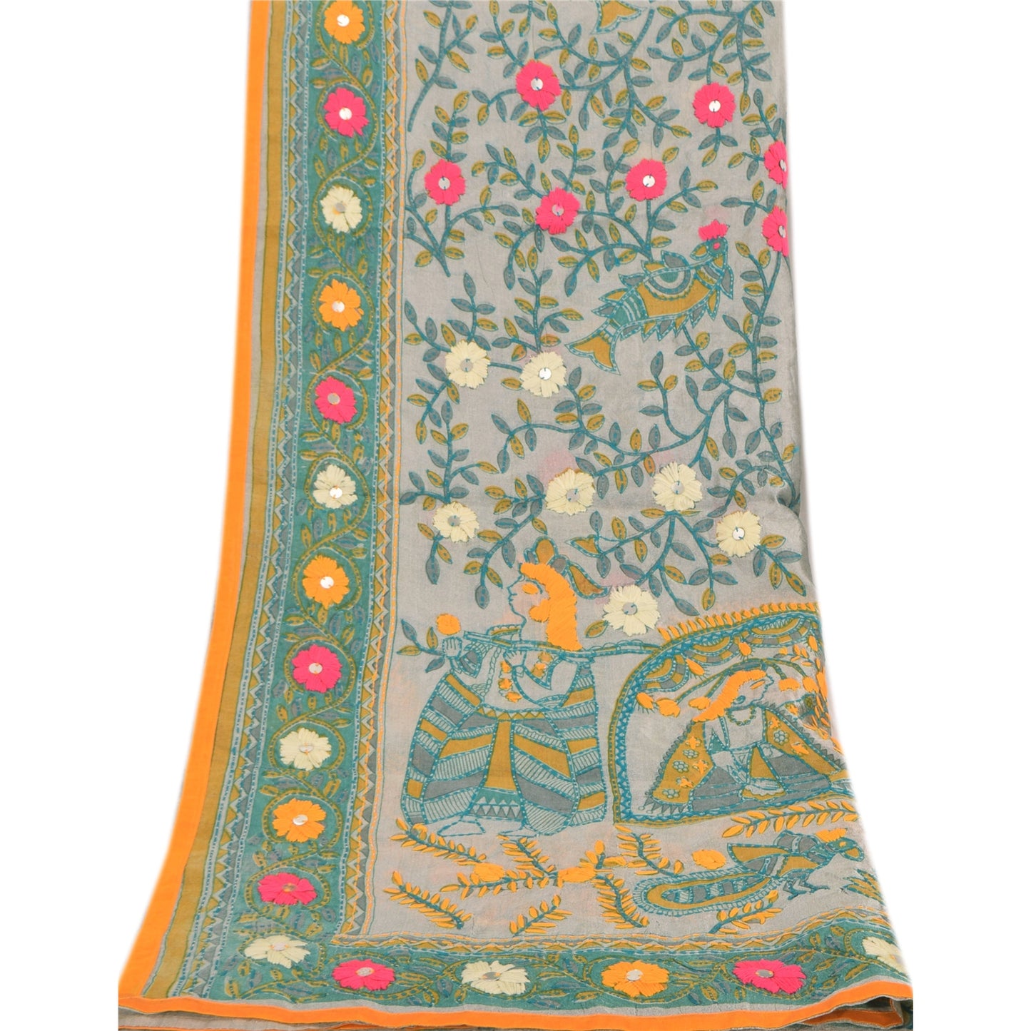 Sanskriti Vintage Gray/Green Dupatta Long Stole Art Silk Phulkari Embroider Veil