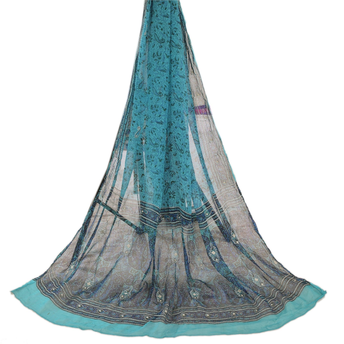 Sanskriti Vintage Blue Dupatta Long Stole Pure Chiffon Embroidered Printed Veil