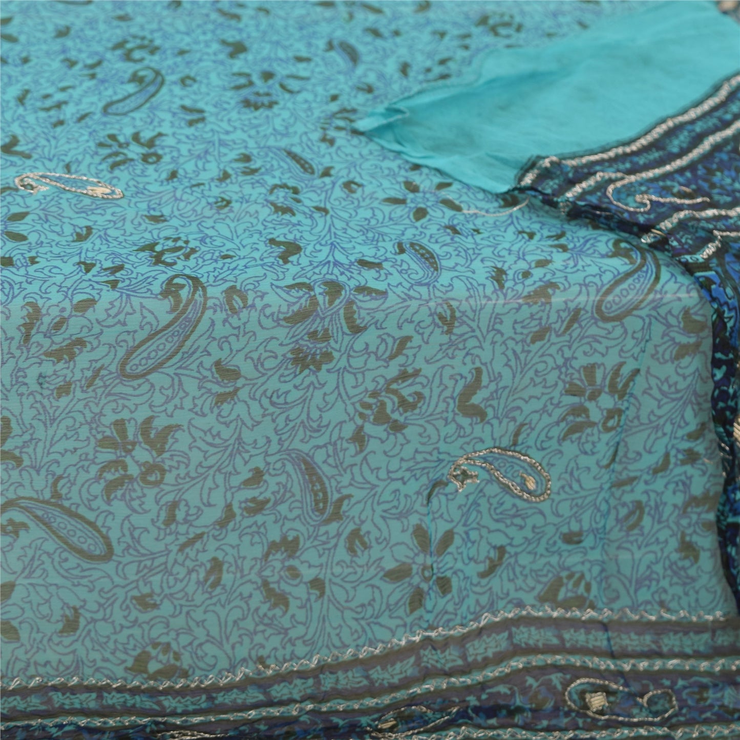 Sanskriti Vintage Blue Dupatta Long Stole Pure Chiffon Embroidered Printed Veil