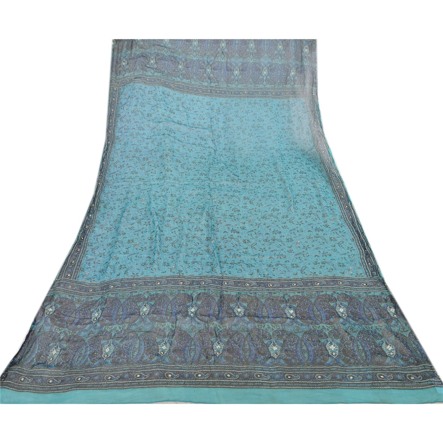 Sanskriti Vintage Blue Dupatta Long Stole Pure Chiffon Embroidered Printed Veil