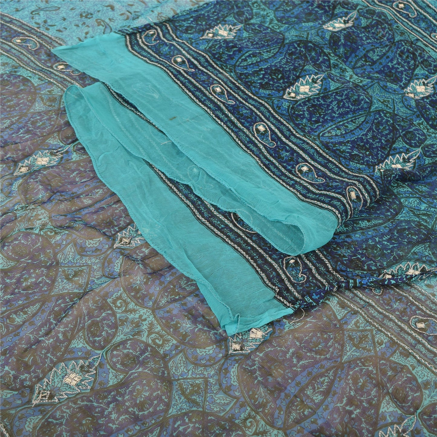 Sanskriti Vintage Blue Dupatta Long Stole Pure Chiffon Embroidered Printed Veil