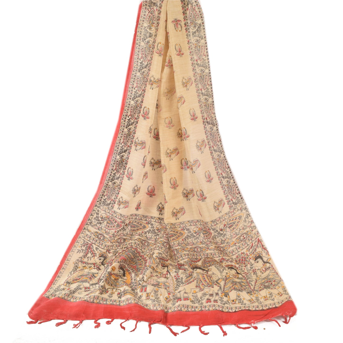 Sanskriti Vintage Ivory Dupatta Long Stole Pure Cotton Woven Printed Wrap Veil