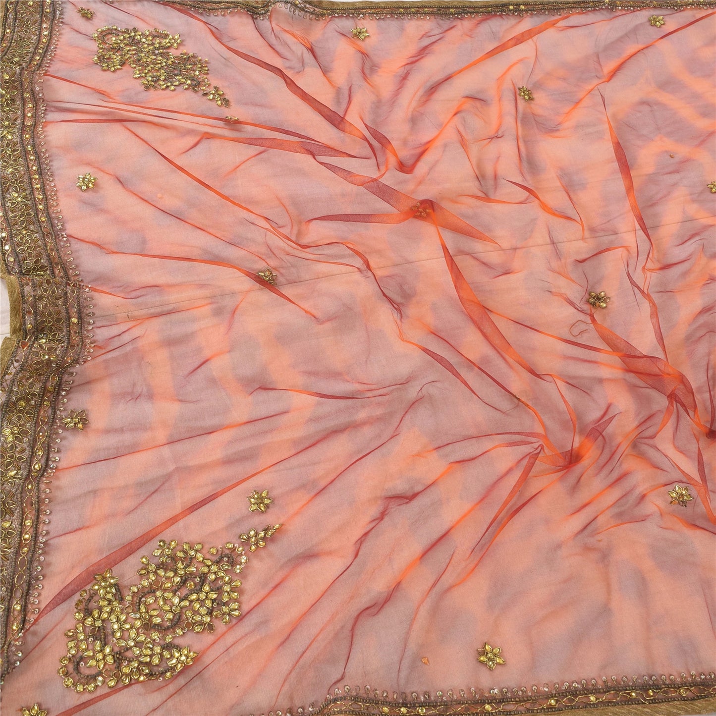 Sanskriti Vintage Orange Dupatta Long Stole Net Mesh Hand Beaded Leheriya Scarve