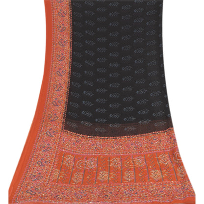 Sanskriti Vintage Black/Orange Dupatta Long Stole Pure Georgette Embroidery Veil