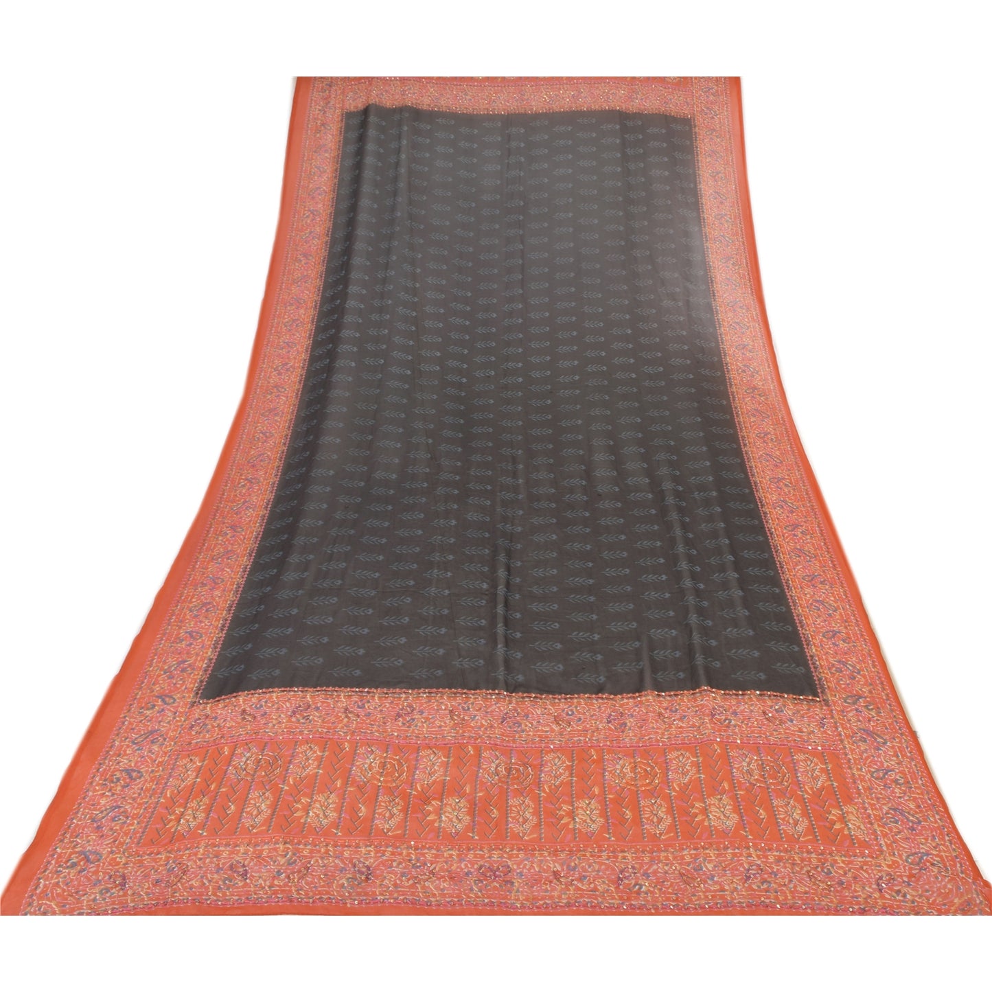 Sanskriti Vintage Black/Orange Dupatta Long Stole Pure Georgette Embroidery Veil