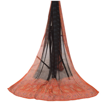 Sanskriti Vintage Black/Orange Dupatta Long Stole Pure Georgette Embroidery Veil