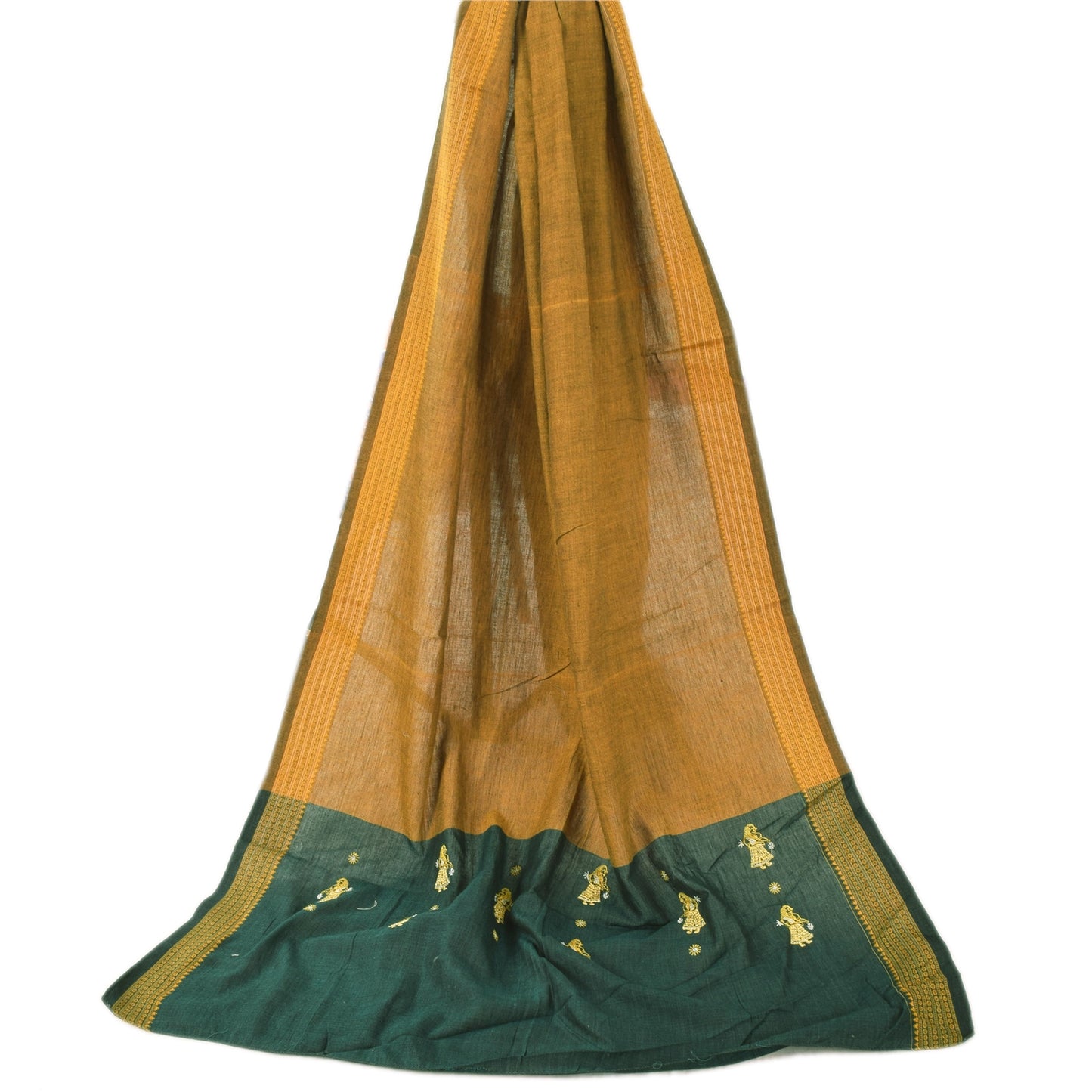 Sanskriti Vintage Yellow/Green Dupatta Long Stole Pure Cotton Woven Premium Veil