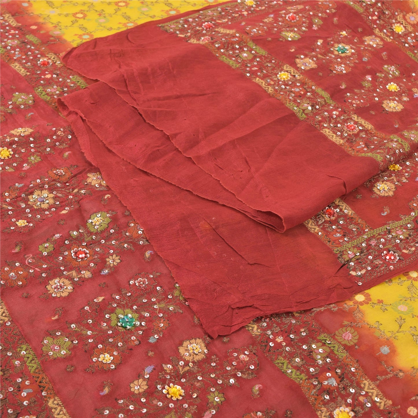 Sanskriti Vintage Red/Yellow Dupatta Long Stole Pure Silk Hand Beaded Wrap Veil