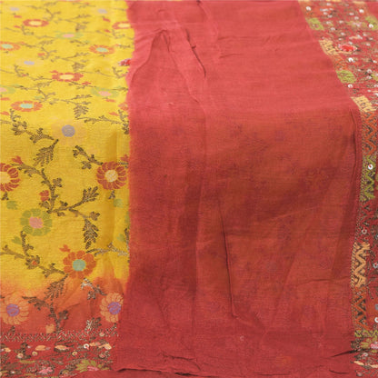 Sanskriti Vintage Red/Yellow Dupatta Long Stole Pure Silk Hand Beaded Wrap Veil