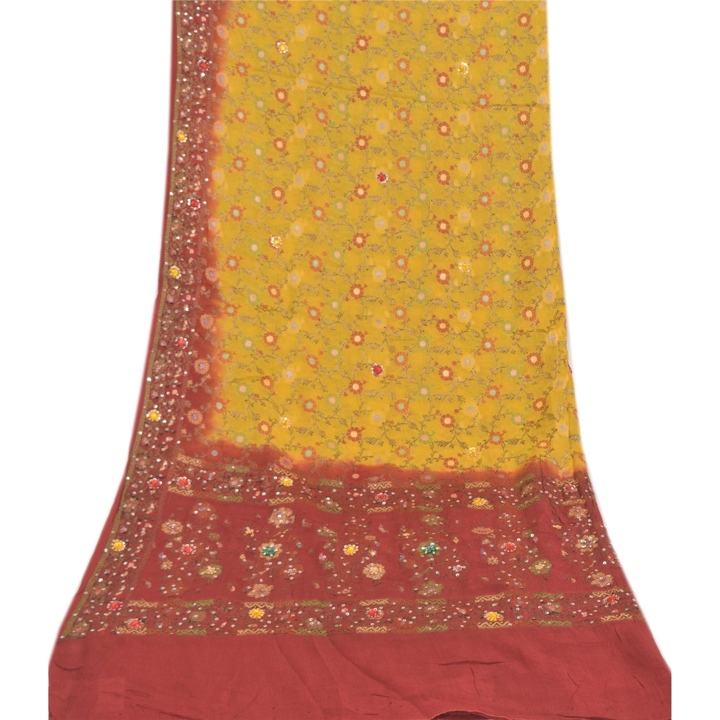 Sanskriti Vintage Red/Yellow Dupatta Long Stole Pure Silk Hand Beaded Wrap Veil