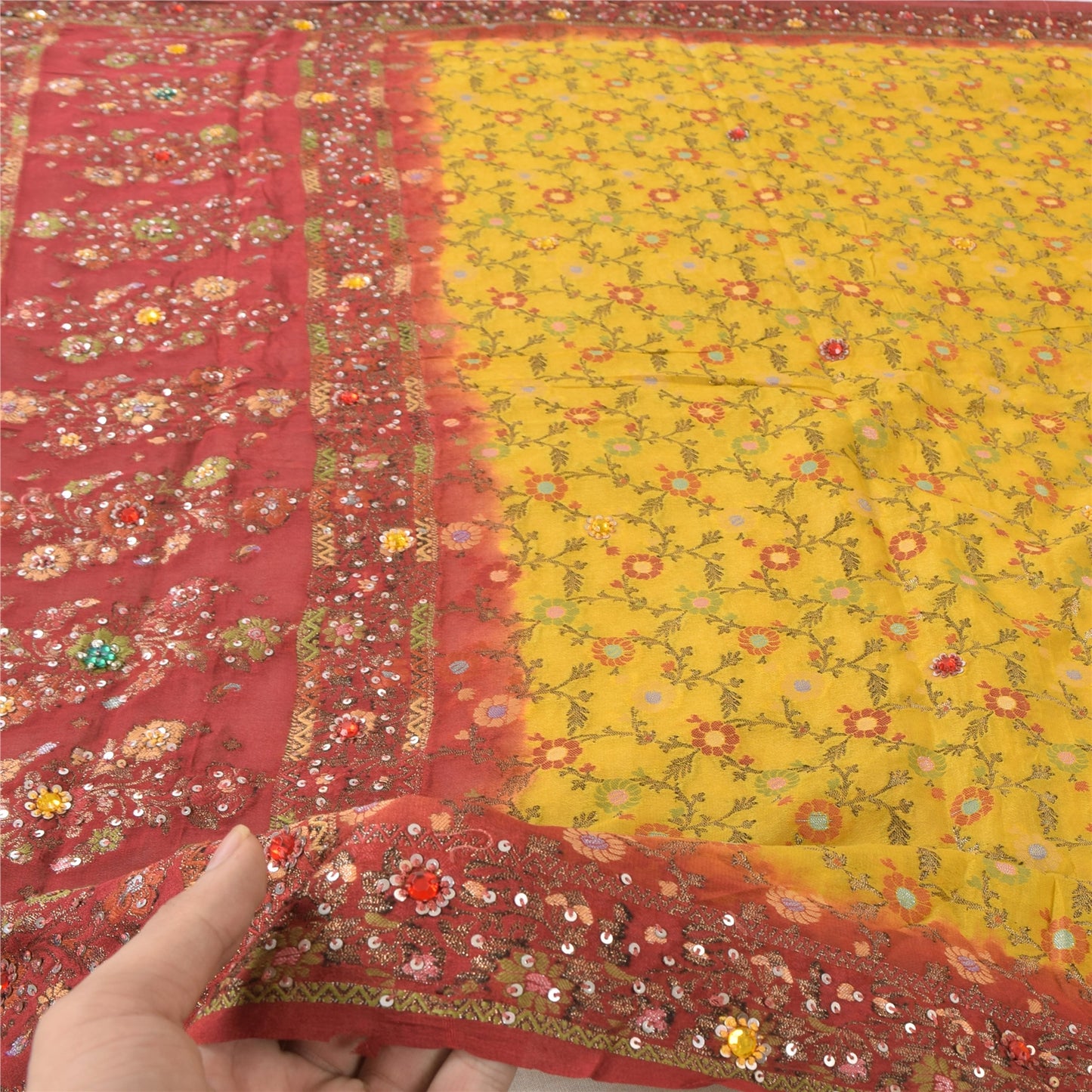 Sanskriti Vintage Red/Yellow Dupatta Long Stole Pure Silk Hand Beaded Wrap Veil