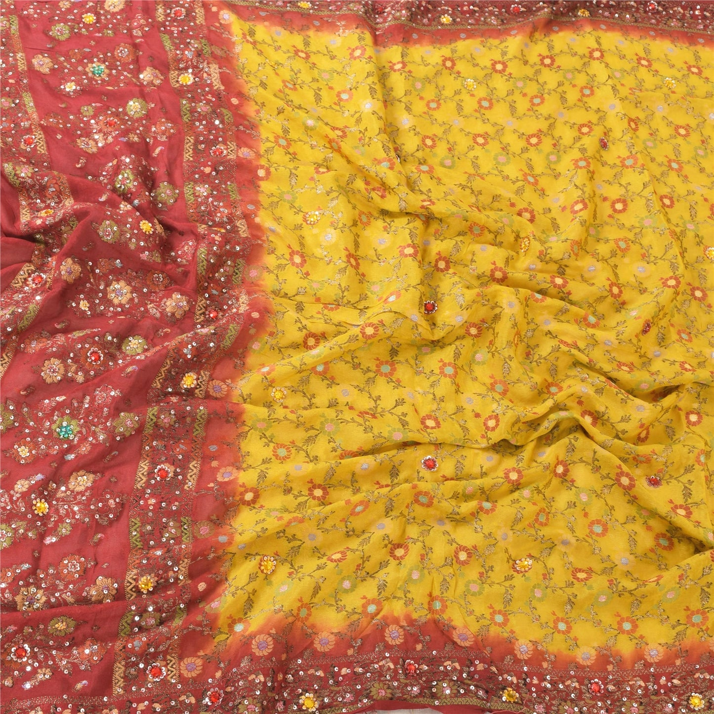 Sanskriti Vintage Red/Yellow Dupatta Long Stole Pure Silk Hand Beaded Wrap Veil