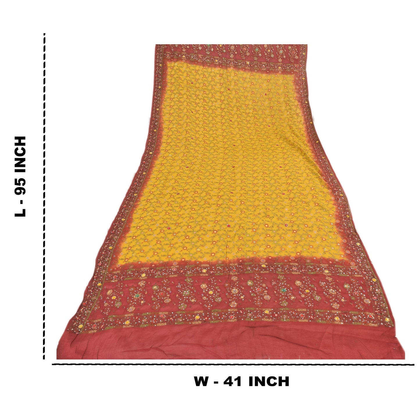 Sanskriti Vintage Red/Yellow Dupatta Long Stole Pure Silk Hand Beaded Wrap Veil