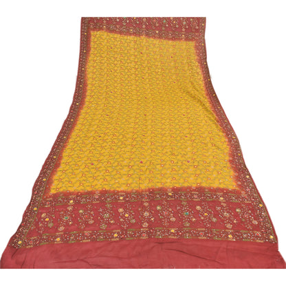 Sanskriti Vintage Red/Yellow Dupatta Long Stole Pure Silk Hand Beaded Wrap Veil