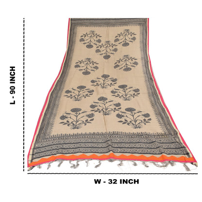 Sanskriti Vintage Long Dupatta/Stole Pure Cotton Ivory Hand Block/Embroidered