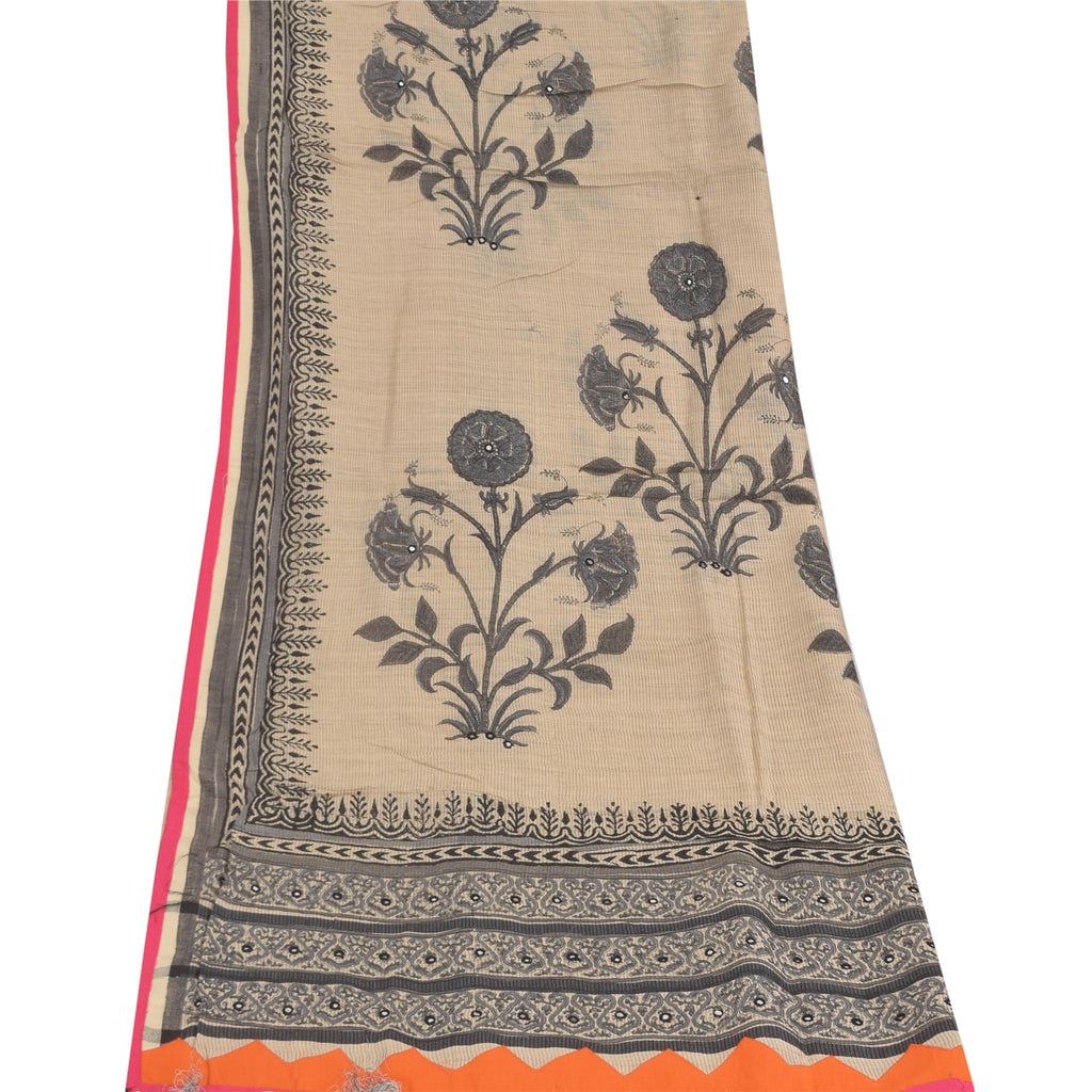 Sanskriti Vintage Long Dupatta/Stole Pure Cotton Ivory Hand Block/Embroidered