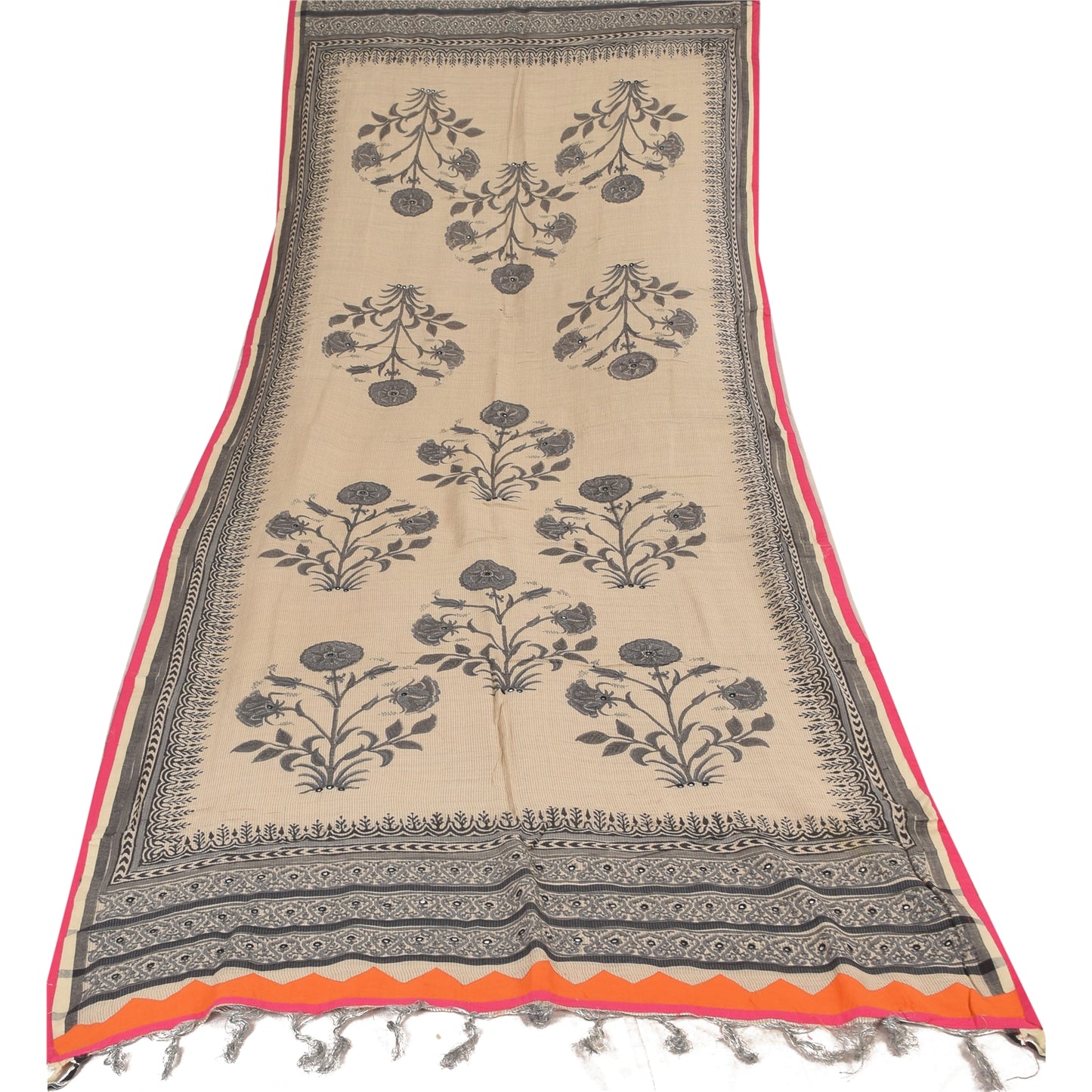 Sanskriti Vintage Long Dupatta/Stole Pure Cotton Ivory Hand Block/Embroidered