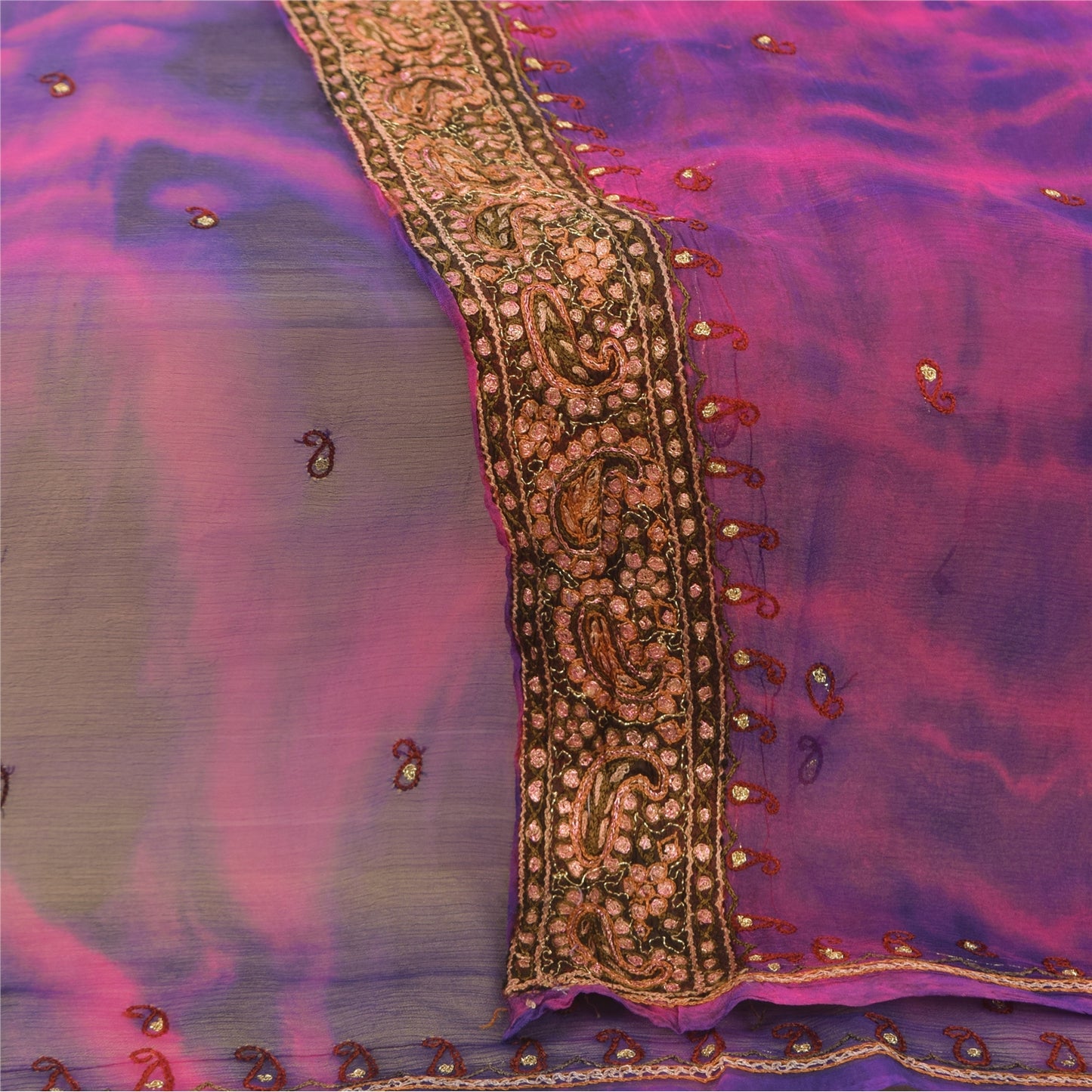 Sanskriti Vintage Long Dupatta/Stole Pure Chiffon Pink/Blue Tie-Dye Embroidered