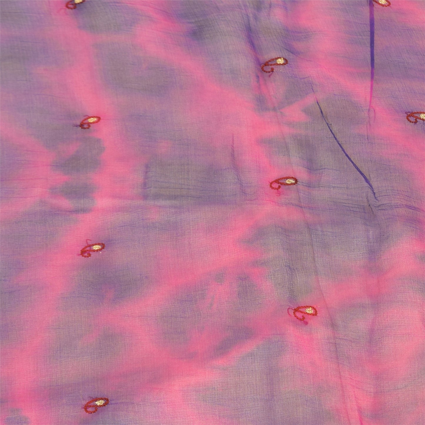 Sanskriti Vintage Long Dupatta/Stole Pure Chiffon Pink/Blue Tie-Dye Embroidered