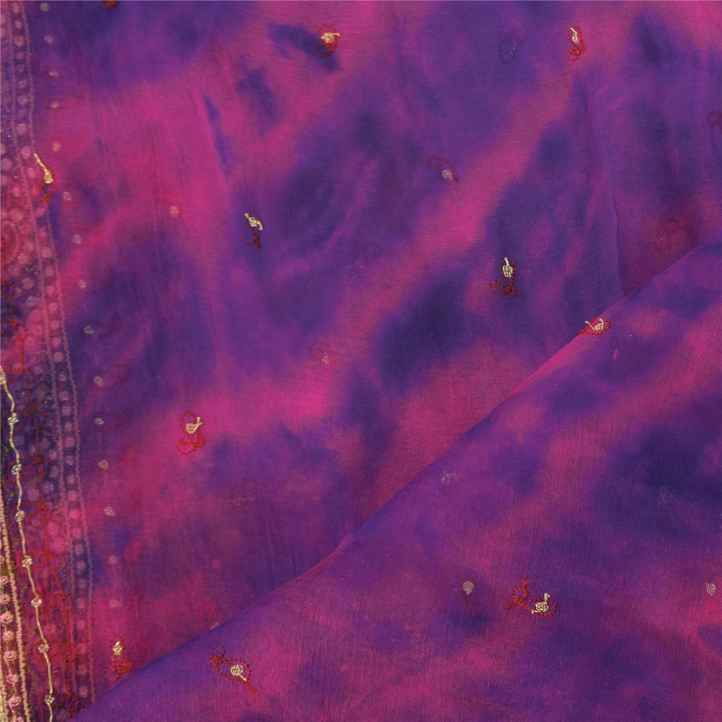 Sanskriti Vintage Long Dupatta/Stole Pure Chiffon Pink/Blue Tie-Dye Embroidered