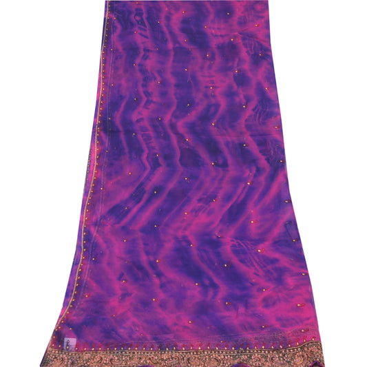 Sanskriti Vintage Long Dupatta/Stole Pure Chiffon Pink/Blue Tie-Dye Embroidered