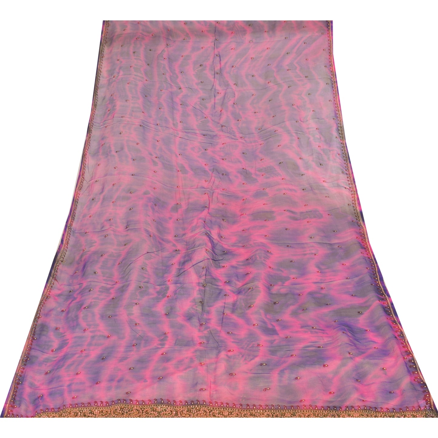 Sanskriti Vintage Long Dupatta/Stole Pure Chiffon Pink/Blue Tie-Dye Embroidered