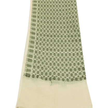 Sanskriti Vintage Long Dupatta/Stole Blend Cotton Ivory/Green Hand Woven Veil