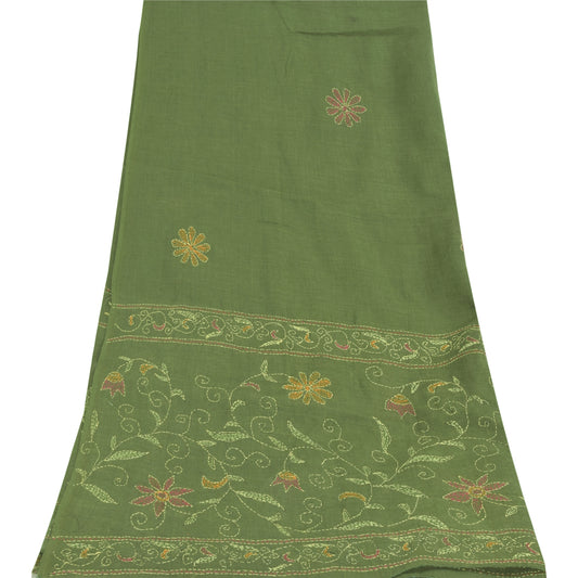 Sanskriti Vintage Green Dupatta Long Stole Pure Cotton Hand Embroidered Scarves