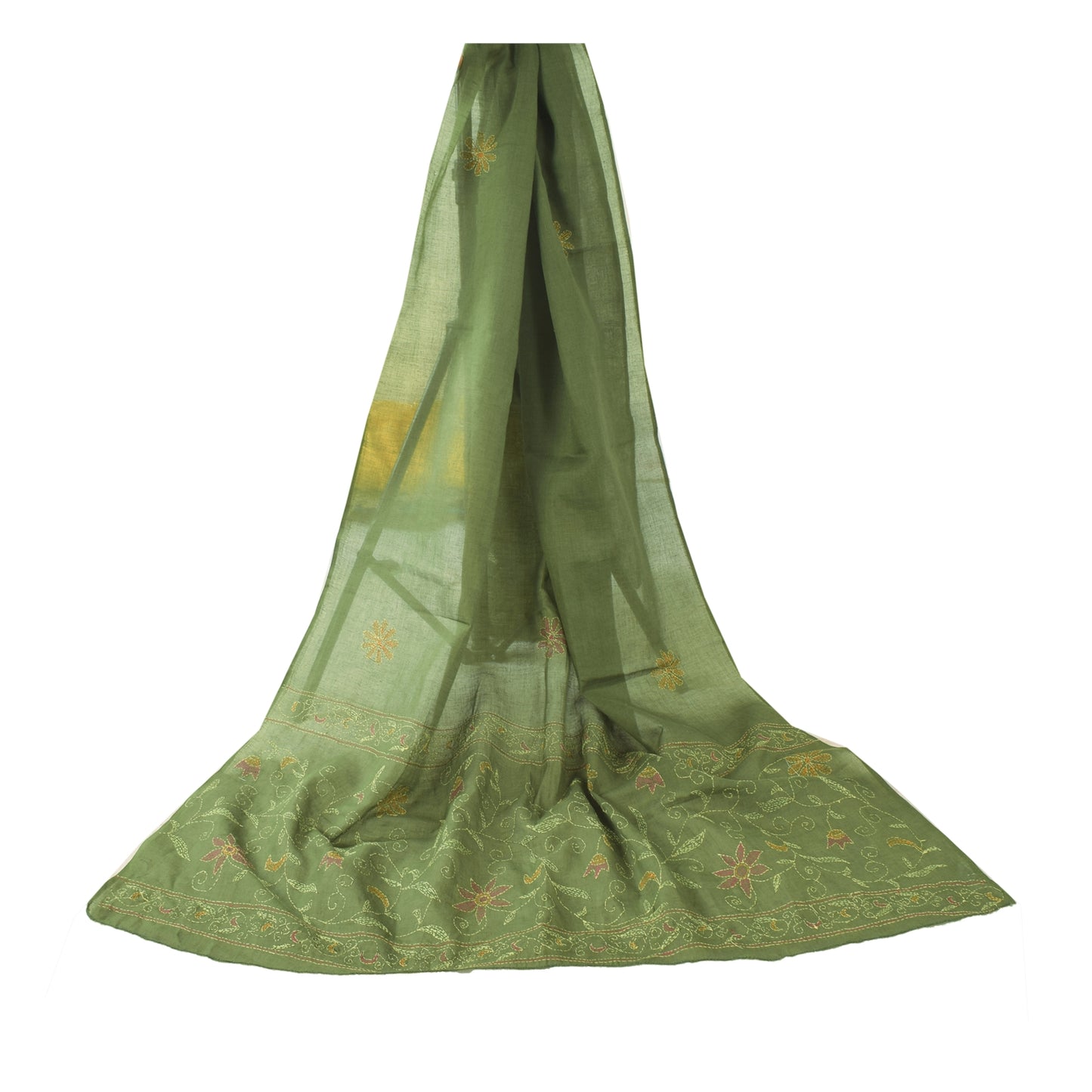 Sanskriti Vintage Green Dupatta Long Stole Pure Cotton Hand Embroidered Scarves