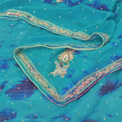 Sanskriti Vintage Blue Dupatta Long Stole Pure Silk Hand Beaded Premium Scarves