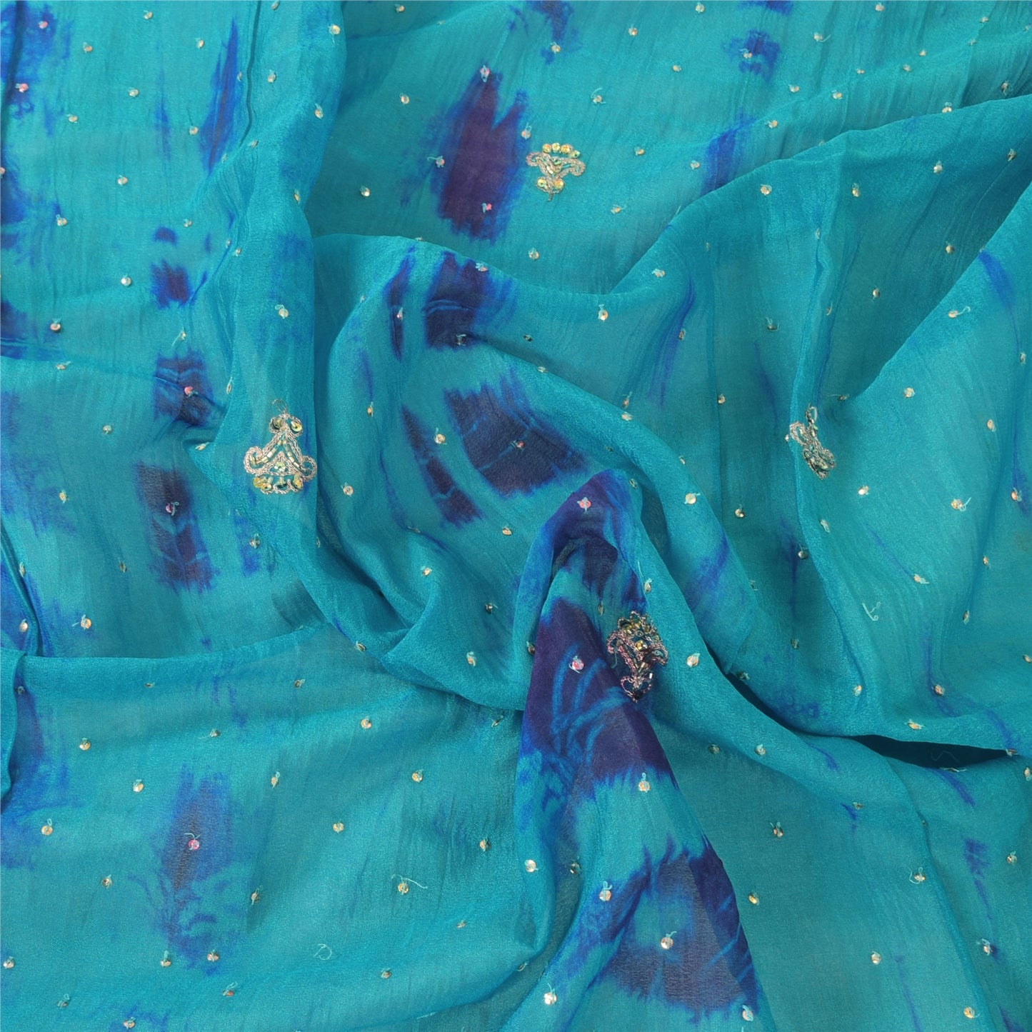 Sanskriti Vintage Blue Dupatta Long Stole Pure Silk Hand Beaded Premium Scarves