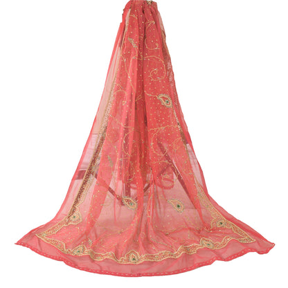 Sanskriti Vintage Pink Dupatta Long Stole Georgette Hand Beaded Premium Scarves