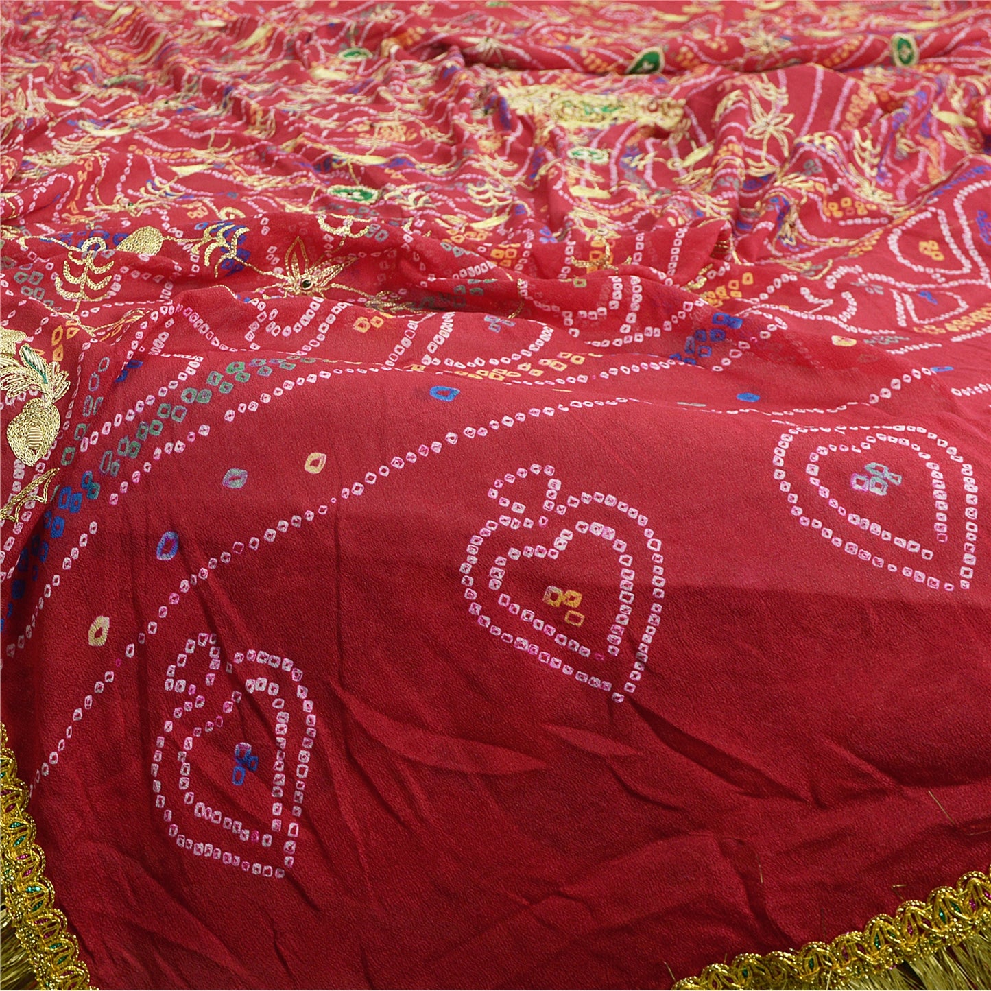 Sanskriti Vintage Long Dupatta Stole Pure Silk Red Hand Beaded Bandhani Scarves