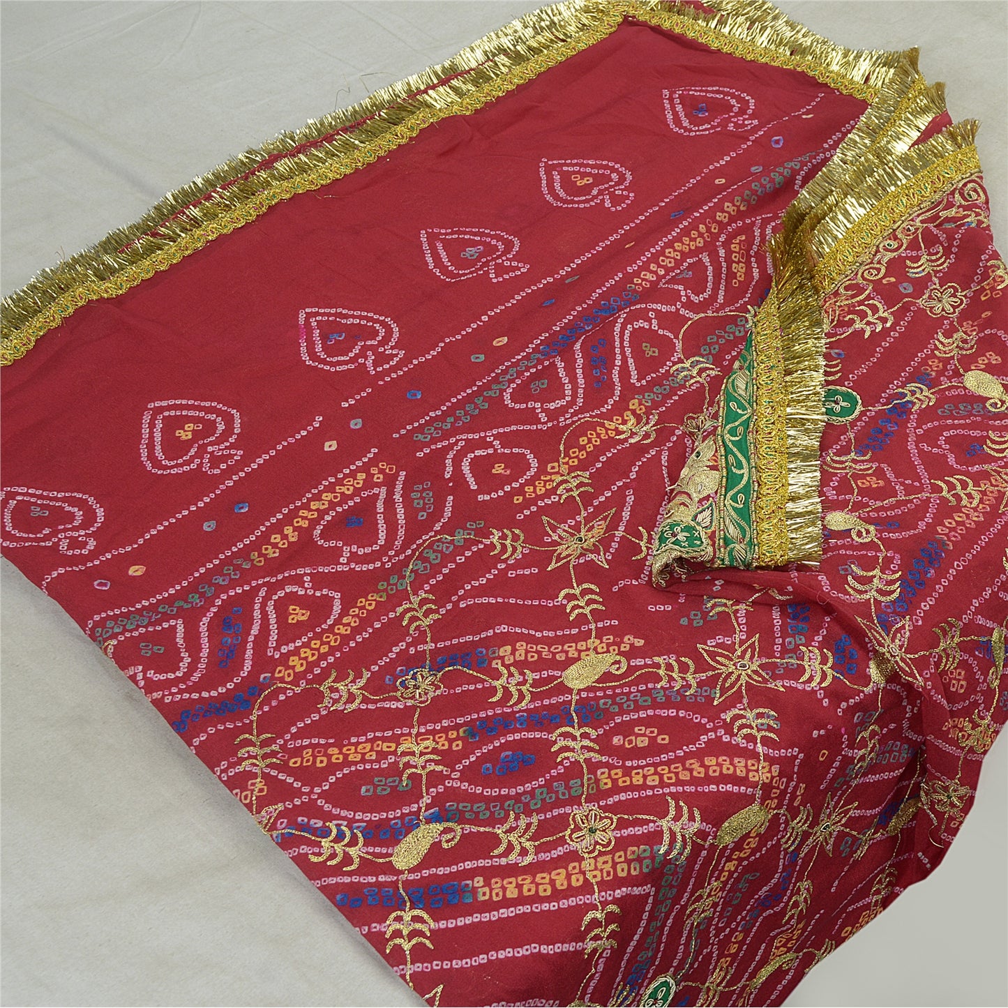 Sanskriti Vintage Long Dupatta Stole Pure Silk Red Hand Beaded Bandhani Scarves