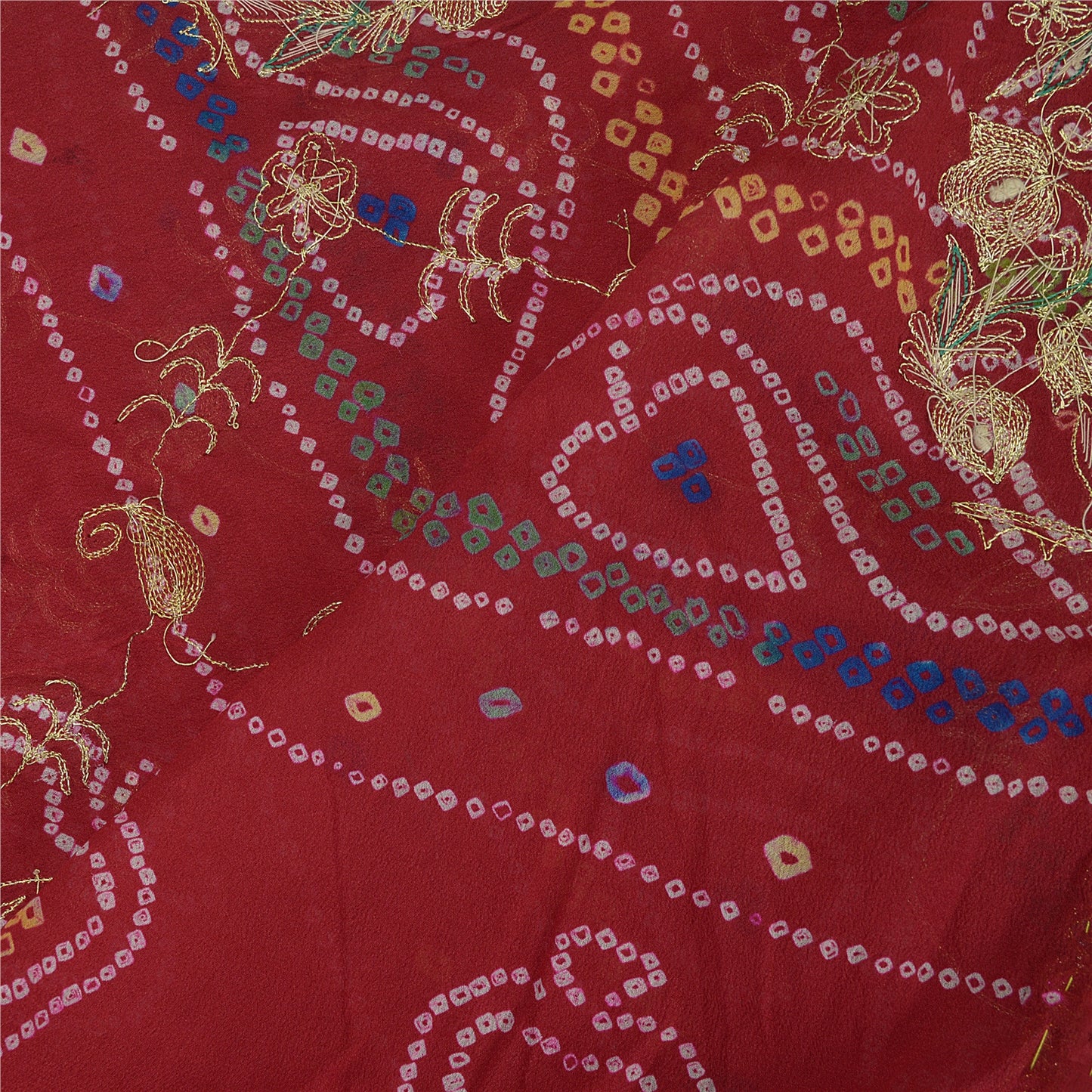 Sanskriti Vintage Long Dupatta Stole Pure Silk Red Hand Beaded Bandhani Scarves