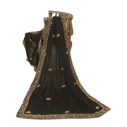 Sanskriti Vintage Black Dupatta Pure Chiffon Silk Hand Beaded Zardozi Stole