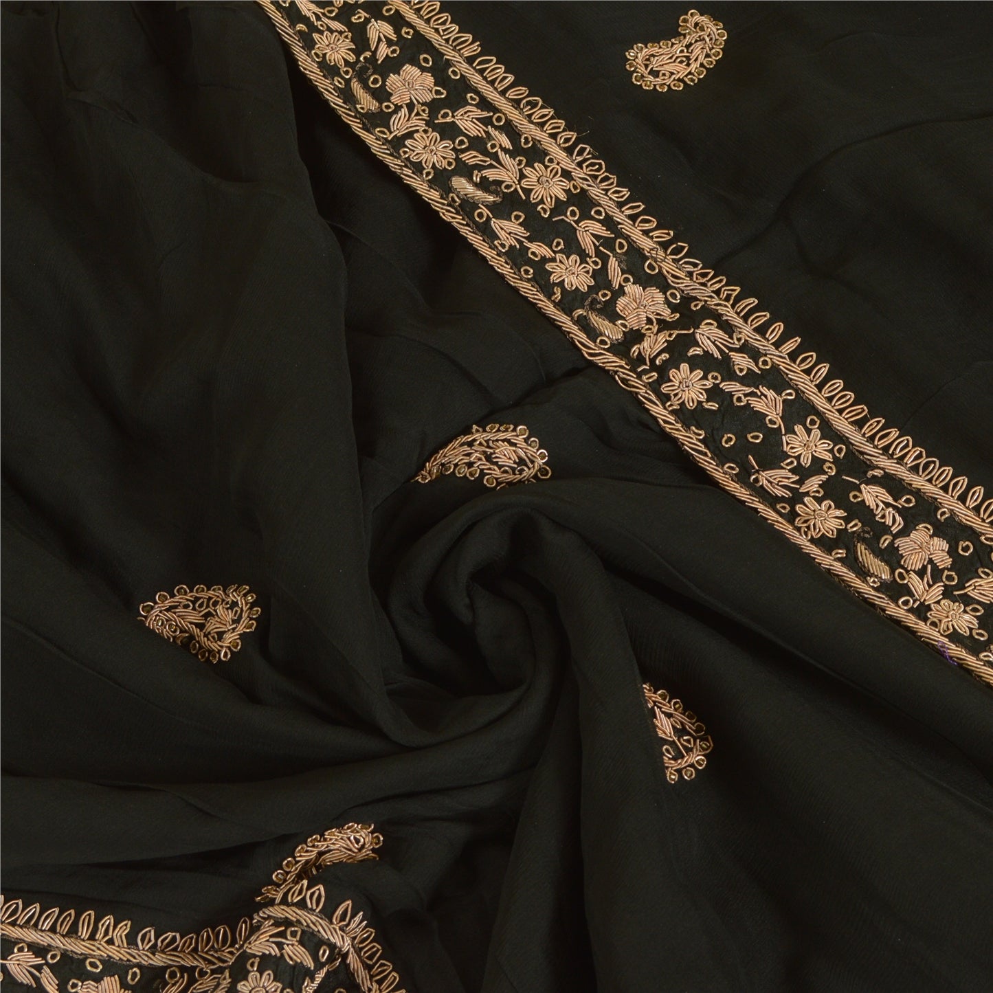 Sanskriti Vintage Black Dupatta Pure Chiffon Silk Hand Beaded Zardozi Stole