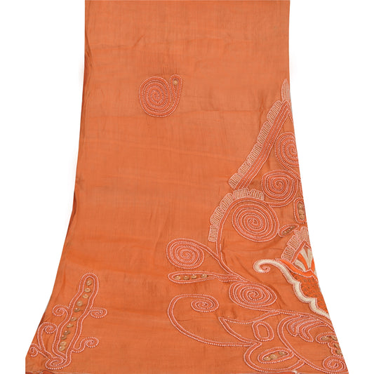 Sanskriti Vintage Long Dupatta/Stole Orange Pure Silk Hand Beaded Scarf Veil